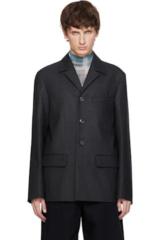 Dries Van Noten: グレー ヘリンボーン ウール テーラードジャケット