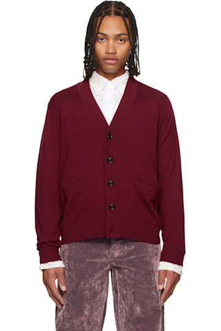 Burgundy Merino Wool Cardigan by Dries Van Noten on Sale