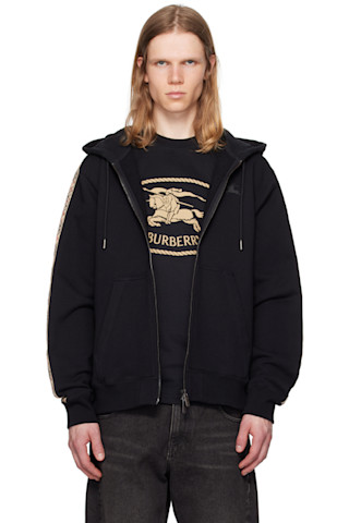 Burberry: Black Check Trim Cotton Zip Hoodie | SSENSE