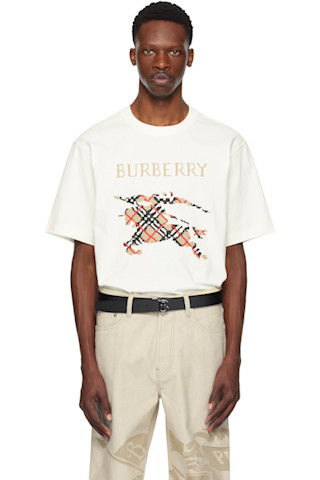 【関税込み】Burberry ホワイト Intarsia EKD スウェットシャツ Burberry EKD logo-patch Cotton T-shirt | Neutrals | FARFETCH