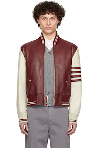 【90%OFFセール】THOM BROWNE ボンバージャケット 光沢 レザー Thom Browne: Burgundy & Off-White Classic 4-Bar Leather Bomber