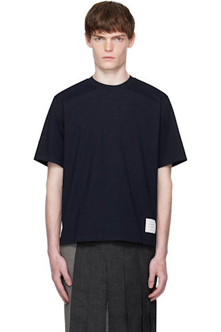 【THOM BROWNE】Oversized pocket short sleeve T-shirt Thom Browne: Navy Oversized Short Sleeve Medium Weight T