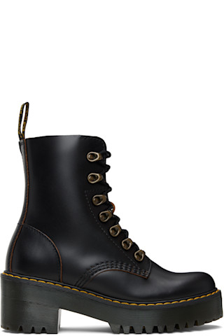 Dr. Martens: Black Leona Vintage Smooth Leather Heeled Boots