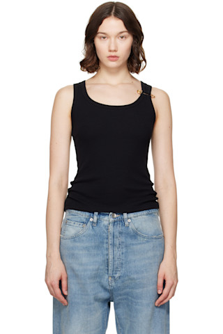 Black Safety Pin Ribbed Tank Top by Versace on Sale