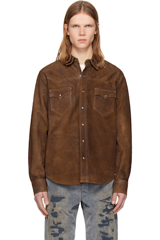 RRL 　スエード レザーシャツ　レザージャケット　M スナップボタン RRL: ブラウン ラフアウト スエード ウエスタンシャツ レザー