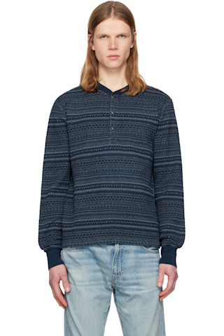 RRLのネイビー インディゴ ジャカード ヘンリーネック トップスがセール中