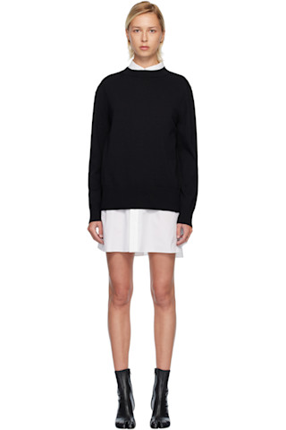 sacaiミニワンピース sacai: ホワイト＆ブラック ポプリン＆コットンニット ミニワンピース