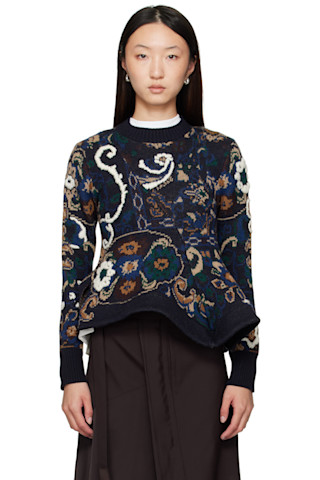 sacai ネイビー クルーネック ニット sacai: ネイビー クルーネックセーター | SSENSE 日本