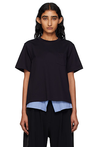 sacai: Navy Poplin & Cotton Jersey T-shirt | SSENSE