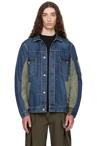 sacai: ネイビー＆カーキ Nylon Twill & Denim ジャケット | SSENSE 日本