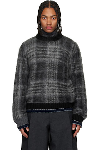 sacai: Gray Plaid Mohair Knit Sweater | SSENSE 日本