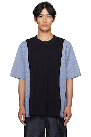 sacai: Navy Poplin & Cotton Jersey T-shirt | SSENSE