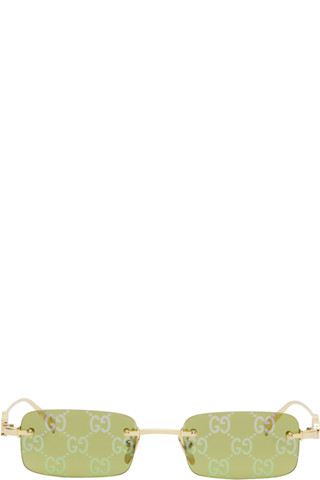 Gucci: Gold 'Gucci' Block Rectangular Monogram Sunglasses SSENSE