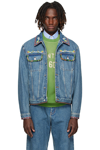 Valentino: Blue Beaded Embroidery & Printed Edges Denim