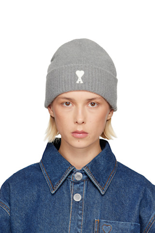 Gray Alpaca Striped Ami de Coeur Beanie by AMI Paris on Sale