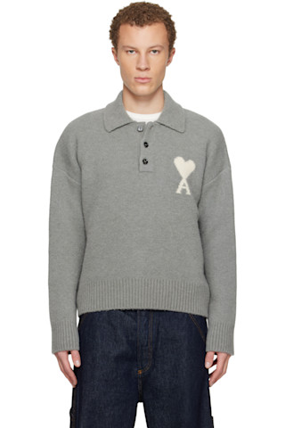 Gray Alpaca Long Sleeves Ami de Coeur Polo by AMI Paris on Sale