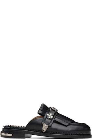 Black Hard Leather Slip-on Loafers by Toga Pulla on Sale