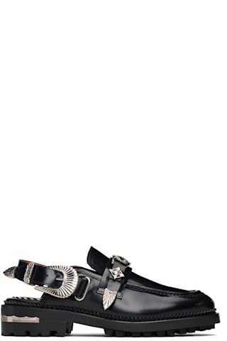 Black Polished Leather Loafers by Toga Pulla on Sale