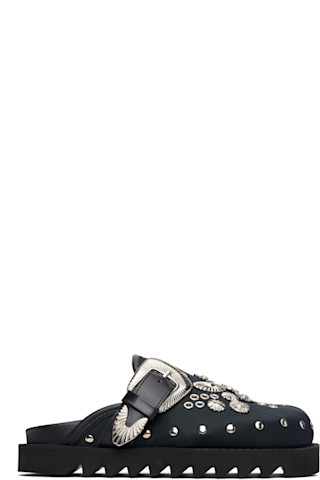 Toga Pulla - Black Eyelet Metal Sabot Slip-on Loafers