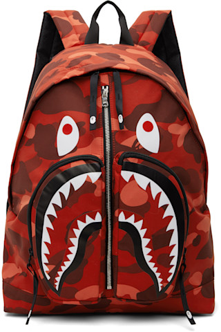 Red Color Camo Shark Daypack Backpack by BAPE on Sale