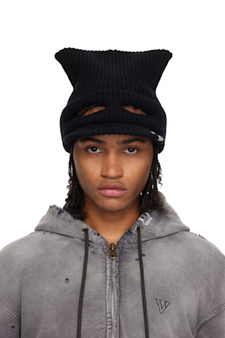 Black Masked Cat Visor Knit Cap by Maison MIHARA YASUHIRO on Sale