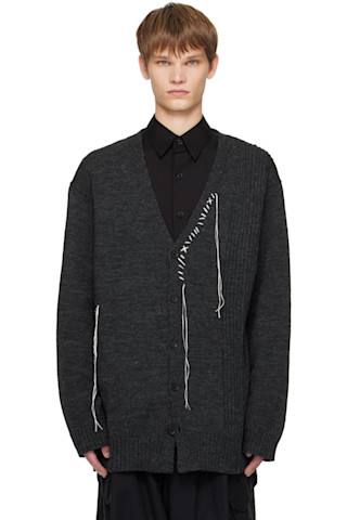 YOHJI YAMAMOTO: Gray Plain Stitch Embroidery V Neck Cardigan