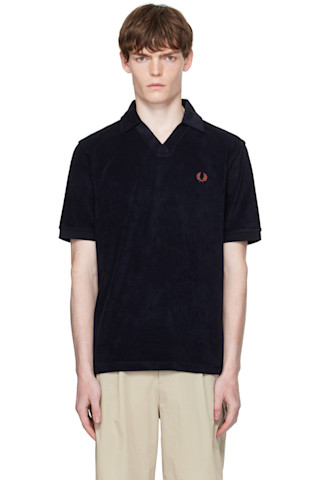 Navy Open Collar Towelling Polo by Fred Perry on Sale