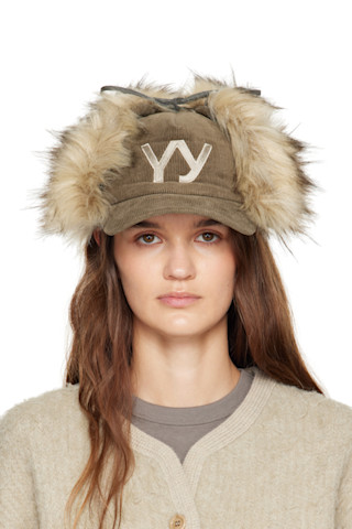 OPEN YY: Khaki & Beige Faux Fur Corduroy Earflap Cap | SSENSE Canada