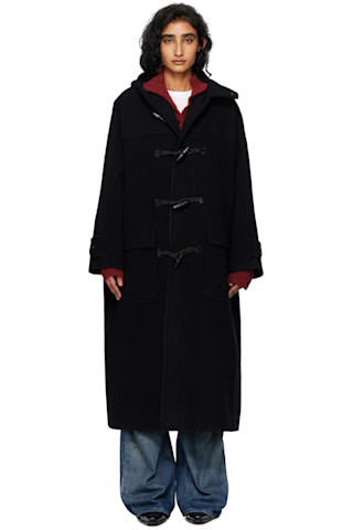 Black Hooded Duffle Coat by OPEN YY on Sale