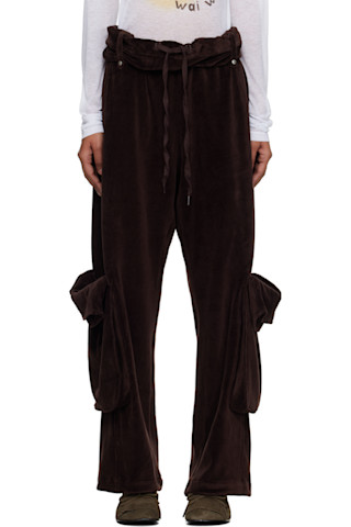 Brown Rolled Waist Velour Cargo Pants by OPEN YY on Sale
