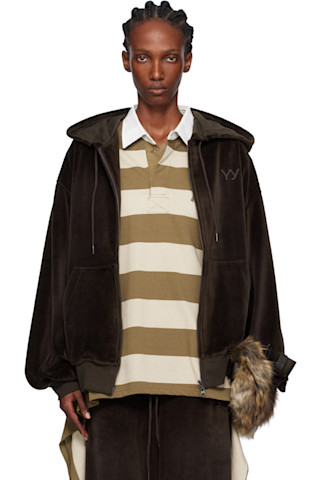 Brown Velour Box Hoodie by OPEN YY on Sale