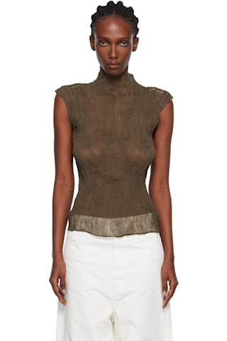 Khaki Chiffon Twist Top by ISSEY MIYAKE on Sale