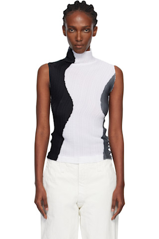 White & Black Abstract Tint Pleats Tank Top by ISSEY MIYAKE on Sale
