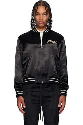 AMIRI: Black 'Club Amiri' Satin Bomber Jacket | SSENSE
