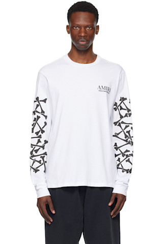 【AMIRI】ボーンズ スタック ロングスリーブTシャツ★ストリート AMIRI: ホワイト Bones Stacked 長袖Tシャツ | SSENSE 日本