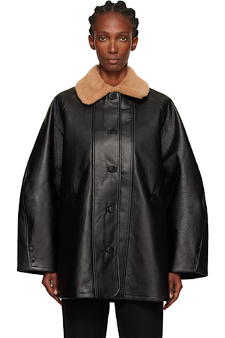 Black Aviator Midi Faux-Leather Coat by Cordera on Sale
