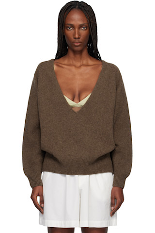 Brown Soar V-neck Sweater by Baserange on Sale