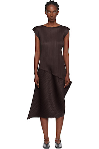PLEATS PLEASE ISSEY MIYAKE: Brown Leap Midi Dress | SSENSE