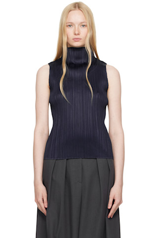 PLEATS PLEASE ISSEY MIYAKE: Navy Ramie Pleats Top | SSENSE