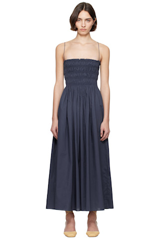 【関税込み】Matteau ネイビー Shirred Bodice マキシワンピース Matteau: Navy Shirred Bodice Maxi Dress | SSENSE