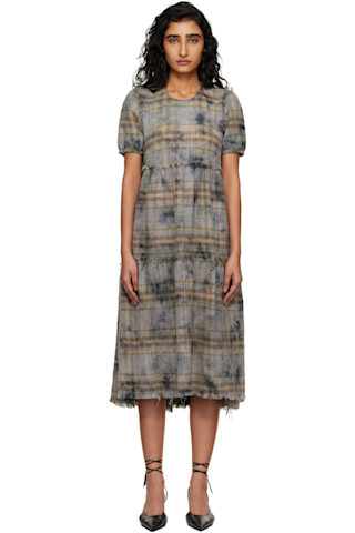 r13 shredded relaxed midi dress SHREDDED RELAXED MIDI - OVERDYED LIGHT BLUE PLAID