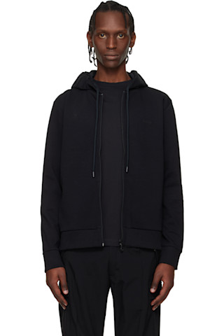 BOSS: ブラック ストレッチコットン ロゴ ディテール ジップアップ