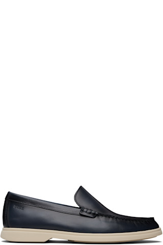 Navy Embossed-Logo Leather Loafers by BOSS on Sale display picture 1