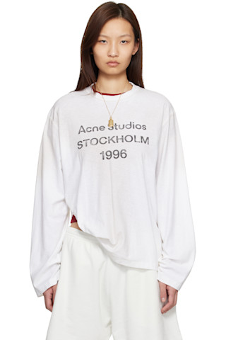 acne studios ロゴTシャツ　リラックフィット　ダスティホワイト Acne Studios: ホワイト リラックスフィット ロゴ Tシャツ | SSENSE 日本