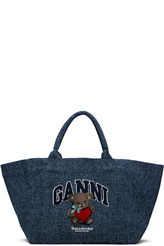 GANNI: ネイビー XXL Bear Tweed Denim Shopper トートバッグ | SSENSE