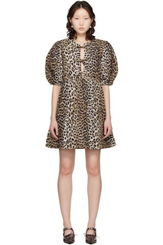 Beige Leopard Printed Cotton Tie String Minidress by GANNI on Sale Beige Leopard Printed Cotton Tie String Minidress by GANNI on Sale