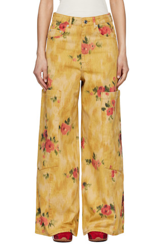 Yellow Printed Baggy Cargo Jeans by GANNI on Sale