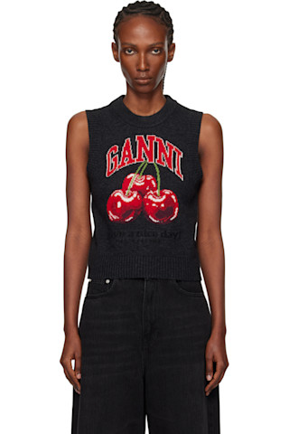 トップス GANNI graphic wool-blend sleeveless vest Gray Graphic Wool Sweater Vest by GANNI on Sale