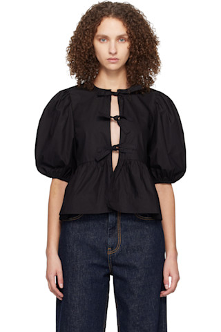 GANNI: ブラック コットンポプリン ペプラム タイブラウス | SSENSE 日本