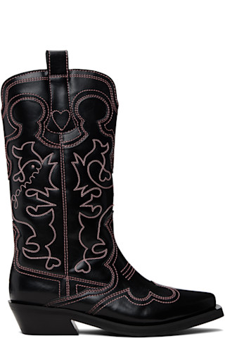 Black Mid Shaft Embroidered Western Boots by GANNI on Sale